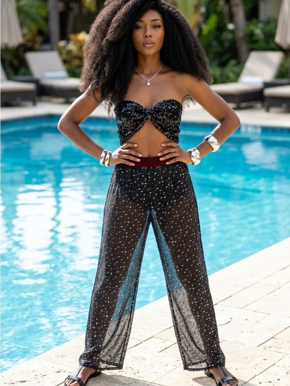 Silver Accent Sheer Wide-Leg Pants - Black